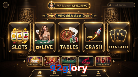 Main screen of 92Glory casino page for PK players